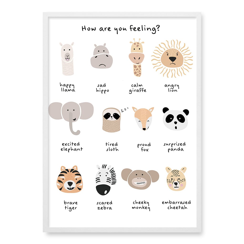 Animal Emotions Kids Wall Art Print A1 (59.4 x 84.1cm) / Matte White Frame / No Border from our Australian Made Framed Wall Art, Prints & Posters collection by Profile Products (Australia) Pty Ltd