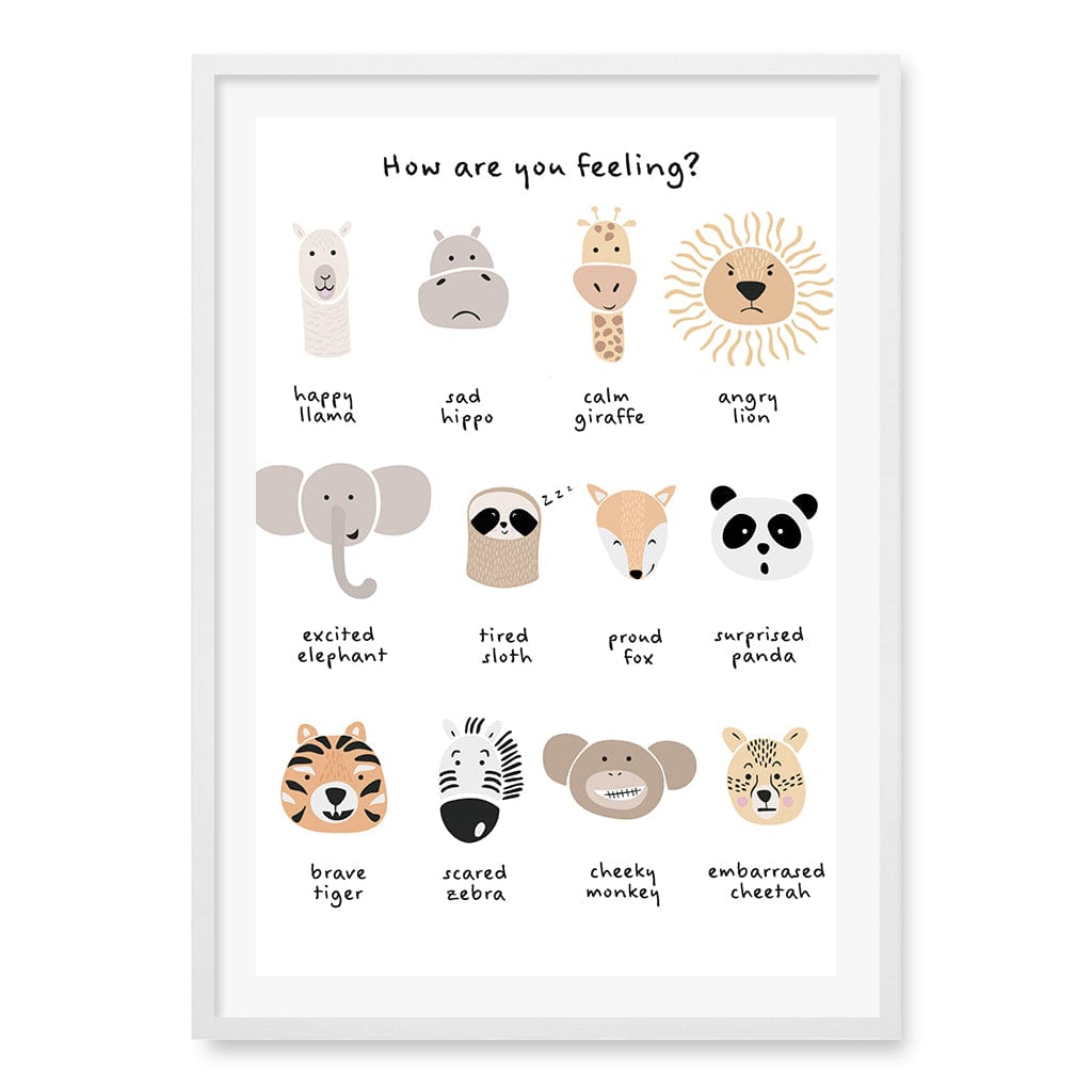 Animal Emotions Kids Wall Art Print A1 (59.4 x 84.1cm) / Matte White Frame / White Border from our Australian Made Framed Wall Art, Prints & Posters collection by Profile Products (Australia) Pty Ltd