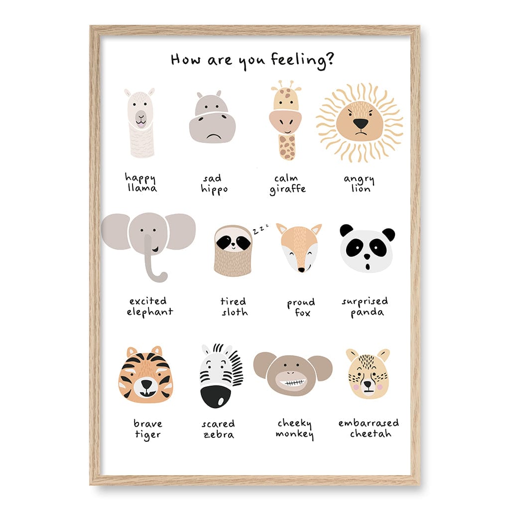 Animal Emotions Kids Wall Art Print A1 (59.4 x 84.1cm) / Natural Oak Frame / No Border from our Australian Made Framed Wall Art, Prints & Posters collection by Profile Products (Australia) Pty Ltd