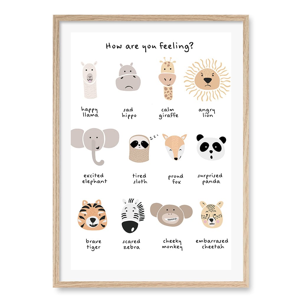 Animal Emotions Kids Wall Art Print A1 (59.4 x 84.1cm) / Natural Oak Frame / White Border from our Australian Made Framed Wall Art, Prints & Posters collection by Profile Products (Australia) Pty Ltd