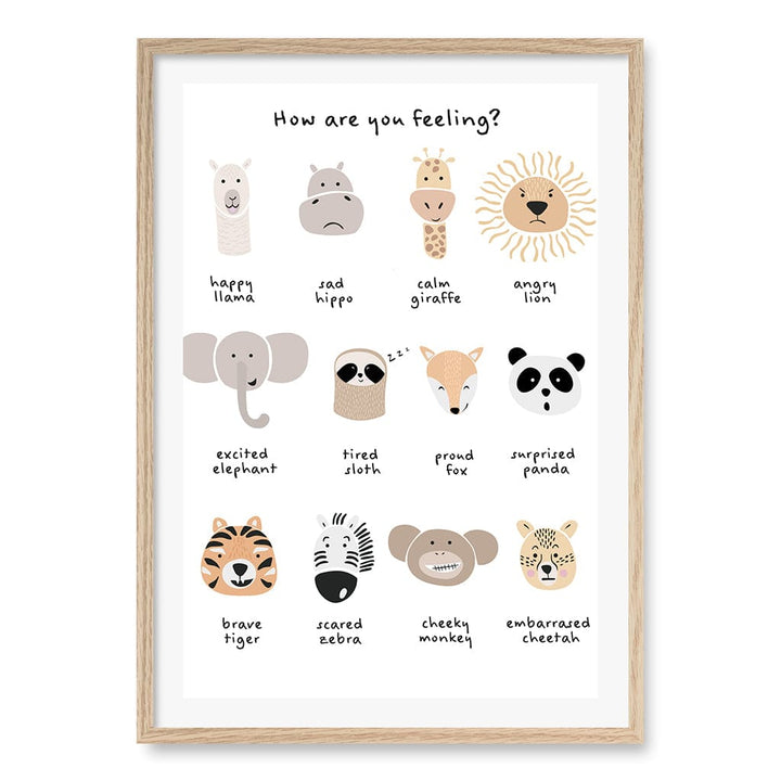 Animal Emotions Kids Wall Art Print A1 (59.4 x 84.1cm) / Natural Oak Frame / White Border from our Australian Made Framed Wall Art, Prints & Posters collection by Profile Products (Australia) Pty Ltd