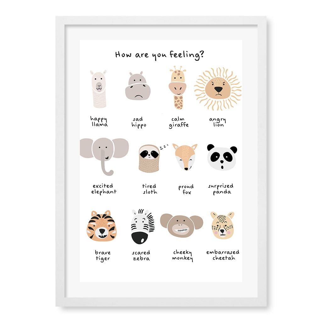 Animal Emotions Kids Wall Art Print A2 (42 x 59.4cm) / Matte White Frame / White Border from our Australian Made Framed Wall Art, Prints & Posters collection by Profile Products (Australia) Pty Ltd
