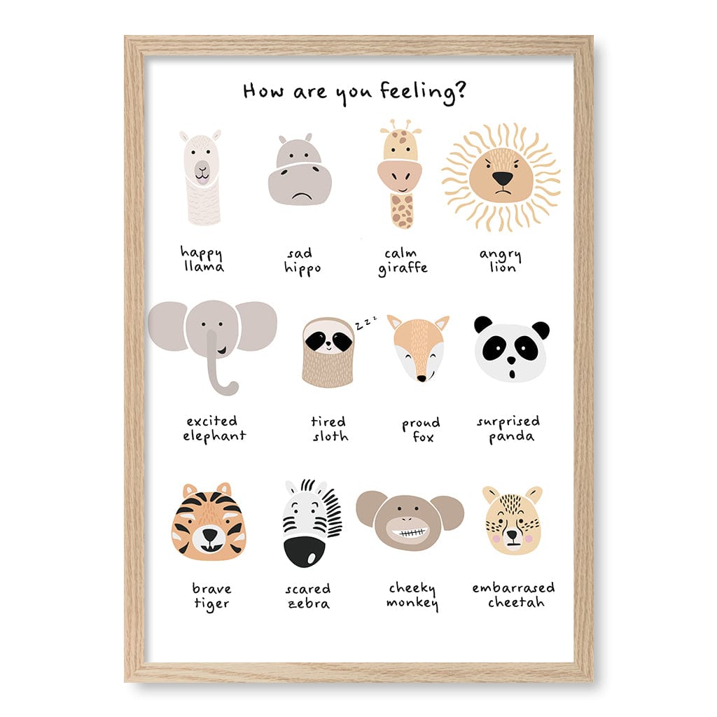 Animal Emotions Kids Wall Art Print A2 (42 x 59.4cm) / Natural Oak Frame / No Border from our Australian Made Framed Wall Art, Prints & Posters collection by Profile Products (Australia) Pty Ltd