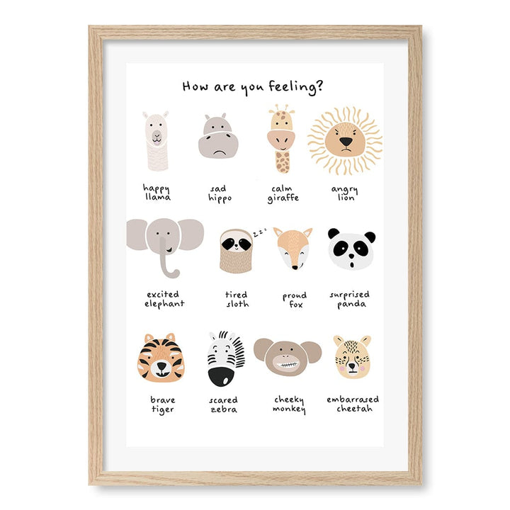 Animal Emotions Kids Wall Art Print A2 (42 x 59.4cm) / Natural Oak Frame / White Border from our Australian Made Framed Wall Art, Prints & Posters collection by Profile Products (Australia) Pty Ltd