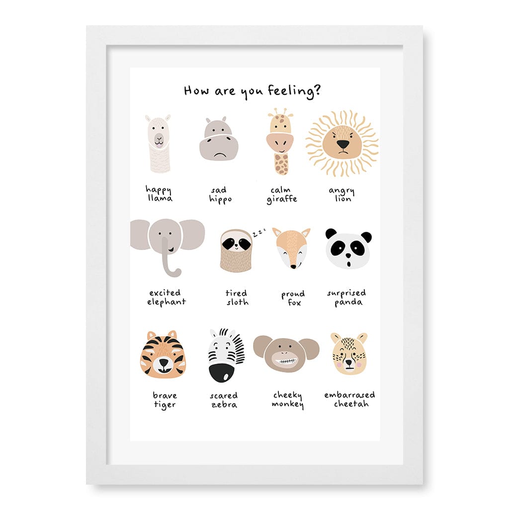 Animal Emotions Kids Wall Art Print A3 (29.7 x 42cm) / Matte White Frame / White Border from our Australian Made Framed Wall Art, Prints & Posters collection by Profile Products (Australia) Pty Ltd