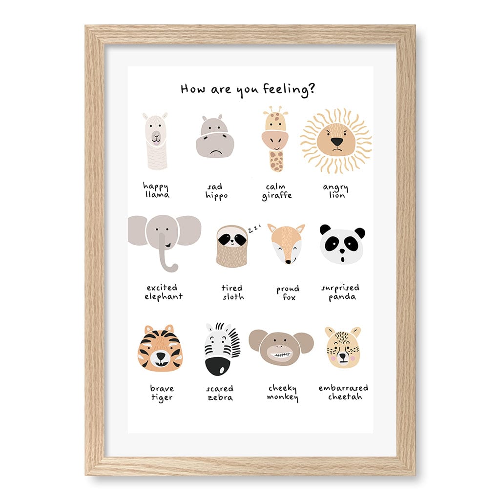 Animal Emotions Kids Wall Art Print A3 (29.7 x 42cm) / Natural Oak Frame / White Border from our Australian Made Framed Wall Art, Prints & Posters collection by Profile Products (Australia) Pty Ltd