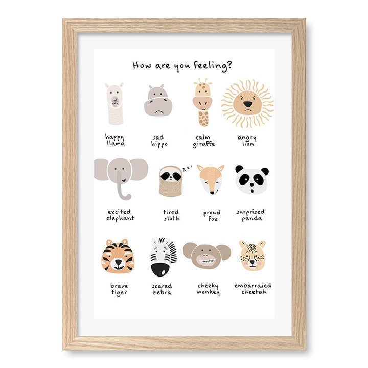 Animal Emotions Kids Wall Art Print A3 (29.7 x 42cm) / Natural Oak Frame / White Border from our Australian Made Framed Wall Art, Prints & Posters collection by Profile Products (Australia) Pty Ltd