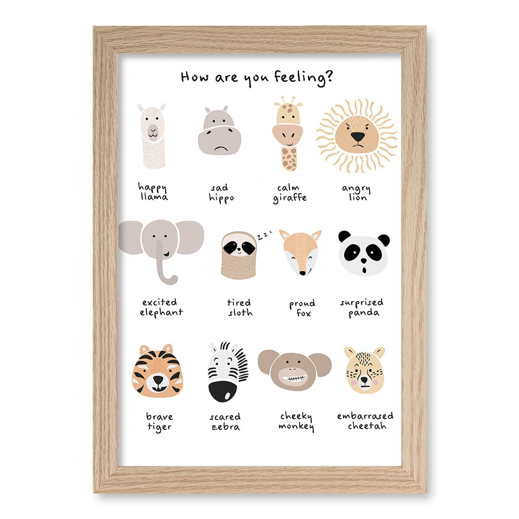 Animal Emotions Kids Wall Art Print A4 (21 x 29.7cm) / Natural Oak Frame / No Border from our Australian Made Framed Wall Art, Prints & Posters collection by Profile Products (Australia) Pty Ltd