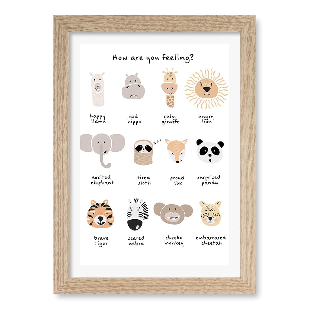 Animal Emotions Kids Wall Art Print A4 (21 x 29.7cm) / Natural Oak Frame / White Border from our Australian Made Framed Wall Art, Prints & Posters collection by Profile Products (Australia) Pty Ltd