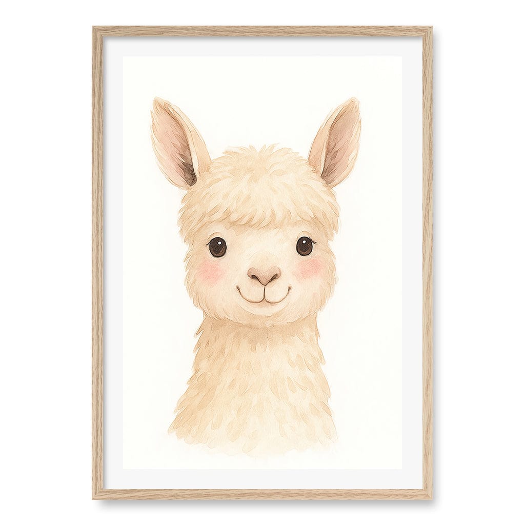 Animal Friends Alpaca Children's Wall Art Print A1 (59.4 x 84.1cm) / Natural Oak Frame / White Border from our Australian Made Framed Wall Art, Prints & Posters collection by Profile Products (Australia) Pty Ltd