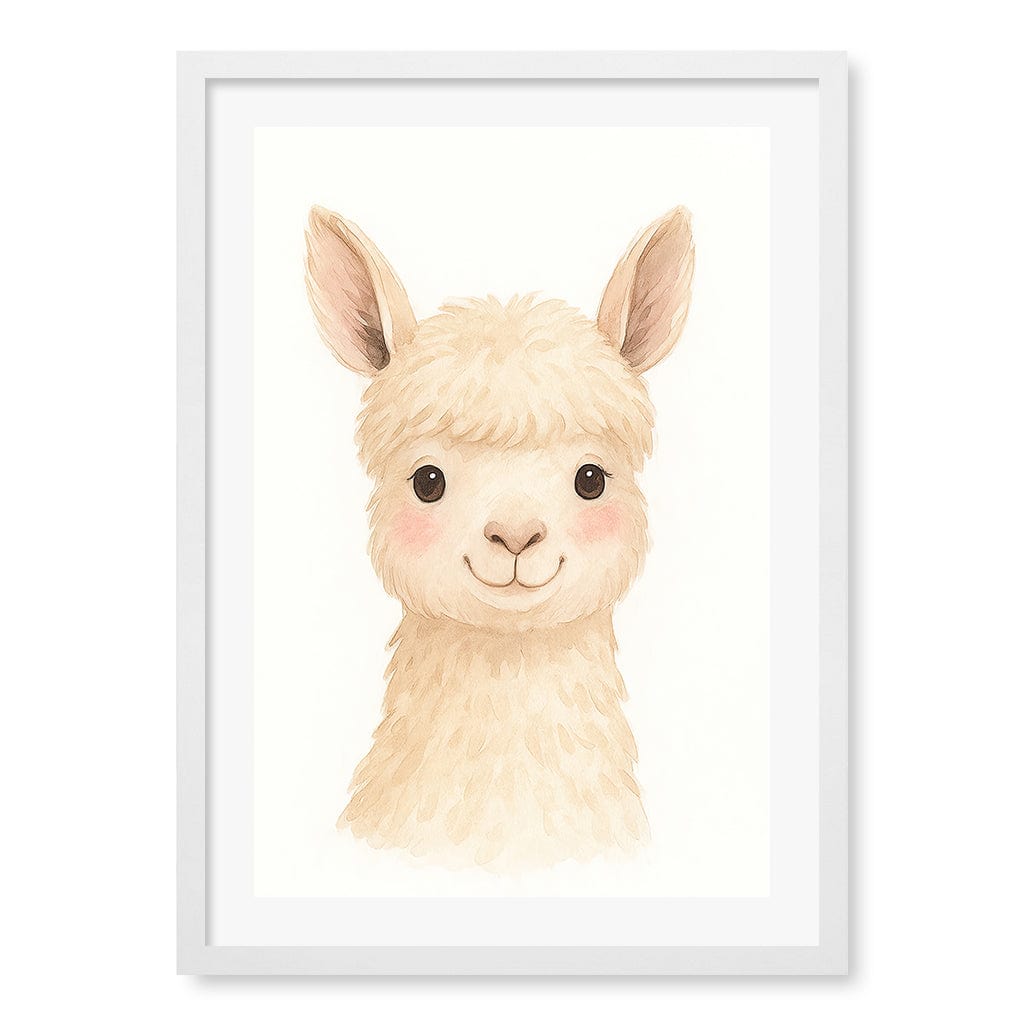 Animal Friends Alpaca Children's Wall Art Print A2 (42 x 59.4cm) / Matte White Frame / White Border from our Australian Made Framed Wall Art, Prints & Posters collection by Profile Products (Australia) Pty Ltd