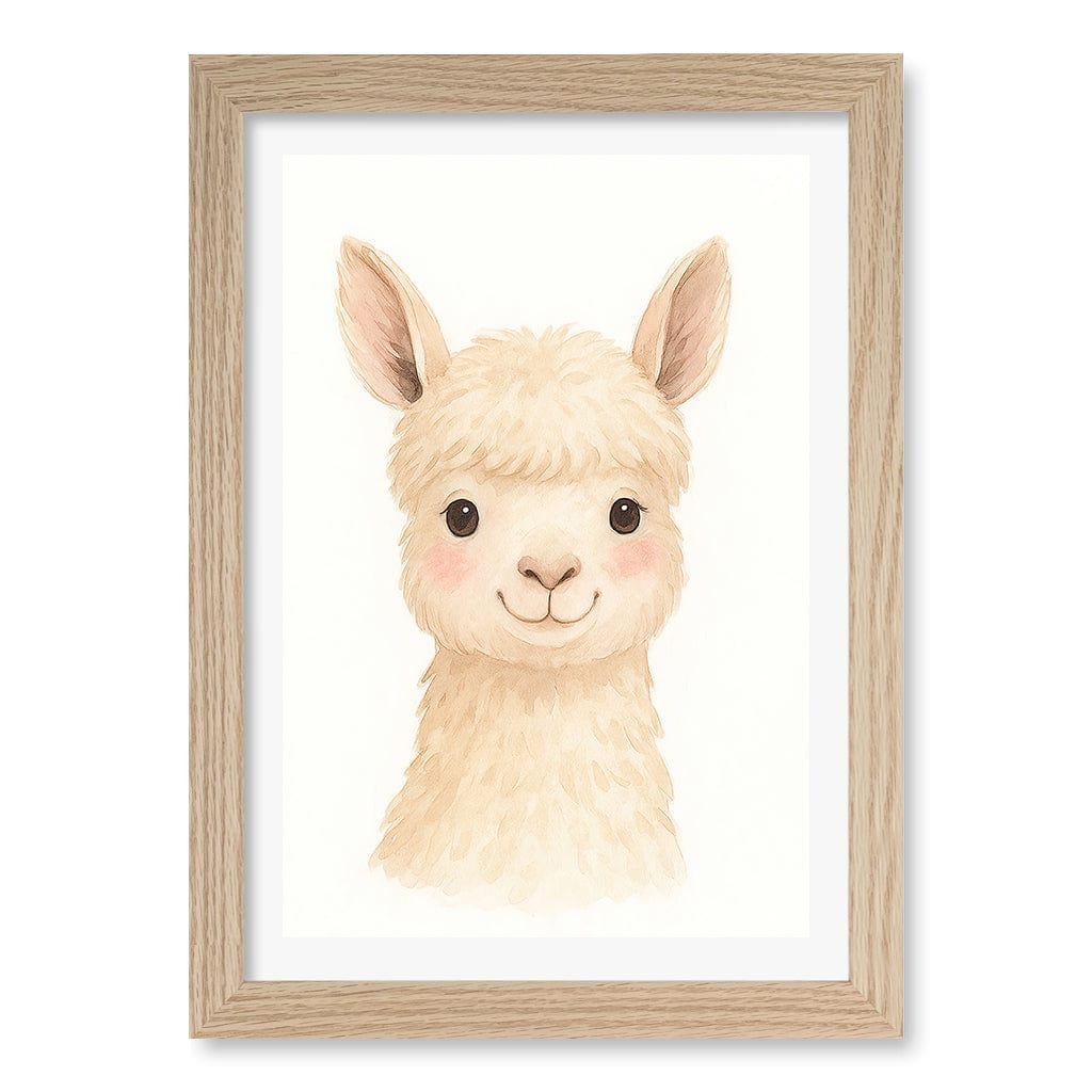 Animal Friends Alpaca Children's Wall Art Print A4 (21 x 29.7cm) / Natural Oak Frame / White Border from our Australian Made Framed Wall Art, Prints & Posters collection by Profile Products (Australia) Pty Ltd
