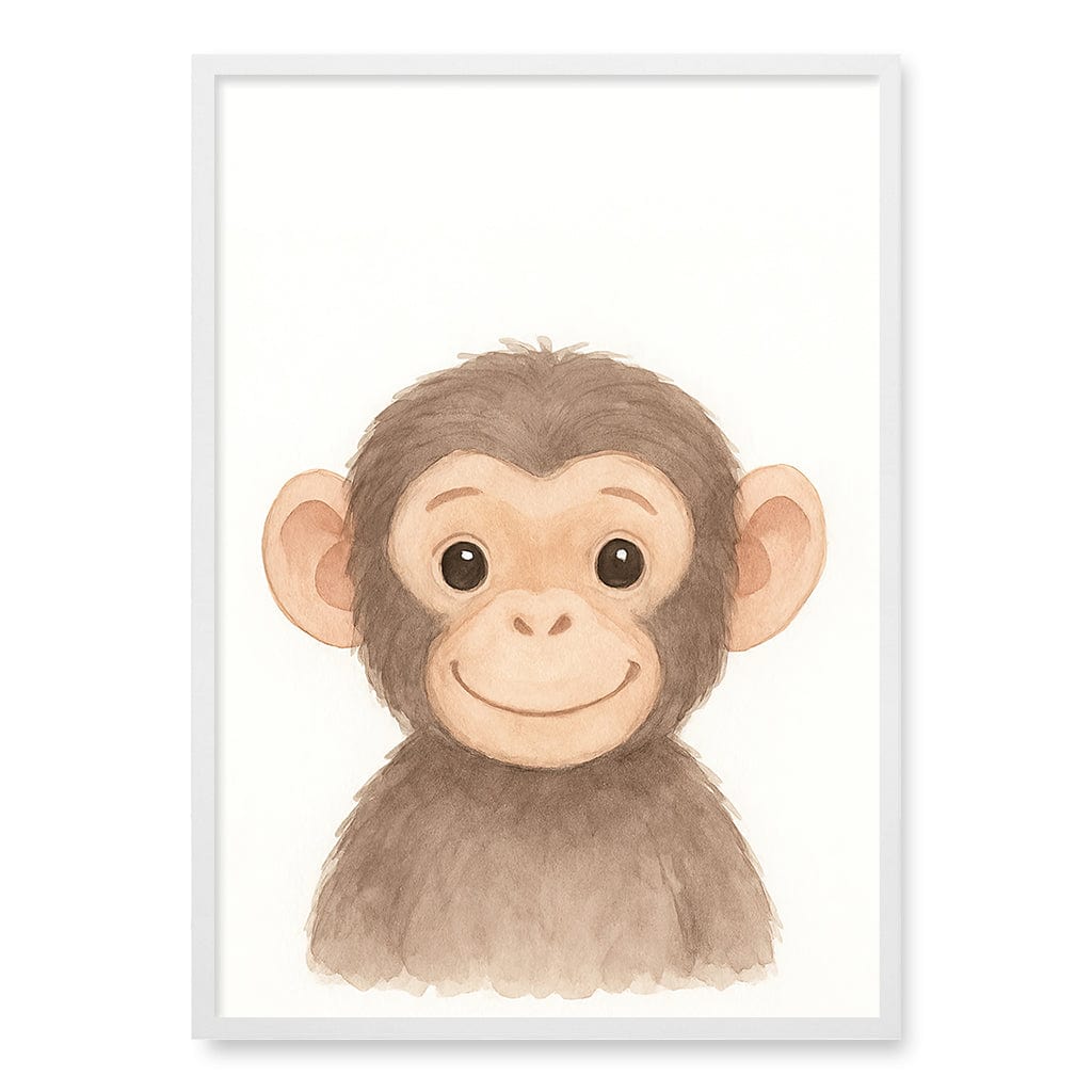 Animal Friends Chimpanzee Kids Wall Art Print A1 (59.4 x 84.1cm) / Matte White Frame / No Border from our Australian Made Framed Wall Art, Prints & Posters collection by Profile Products (Australia) Pty Ltd