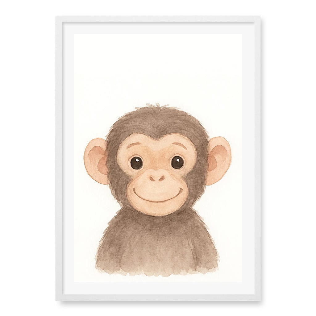 Animal Friends Chimpanzee Kids Wall Art Print A1 (59.4 x 84.1cm) / Matte White Frame / White Border from our Australian Made Framed Wall Art, Prints & Posters collection by Profile Products (Australia) Pty Ltd