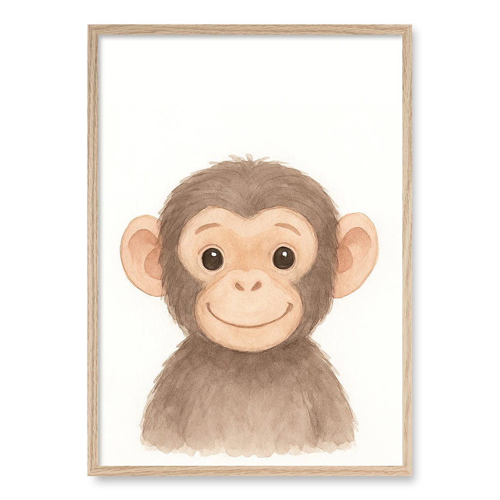 Animal Friends Chimpanzee Kids Wall Art Print A1 (59.4 x 84.1cm) / Natural Oak Frame / No Border from our Australian Made Framed Wall Art, Prints & Posters collection by Profile Products (Australia) Pty Ltd
