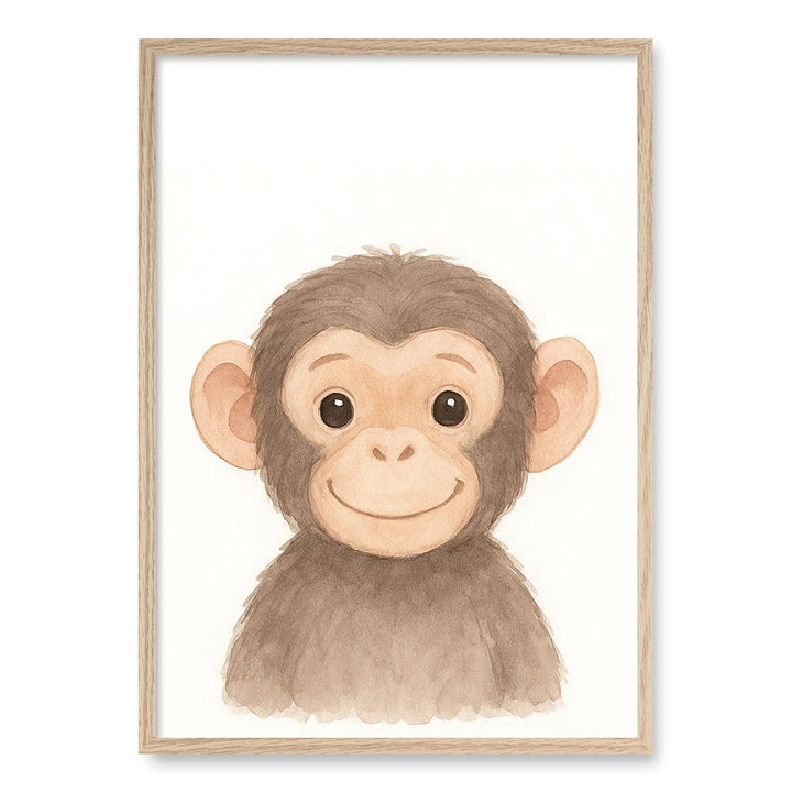 Animal Friends Chimpanzee Kids Wall Art Print A1 (59.4 x 84.1cm) / Natural Oak Frame / No Border from our Australian Made Framed Wall Art, Prints & Posters collection by Profile Products (Australia) Pty Ltd