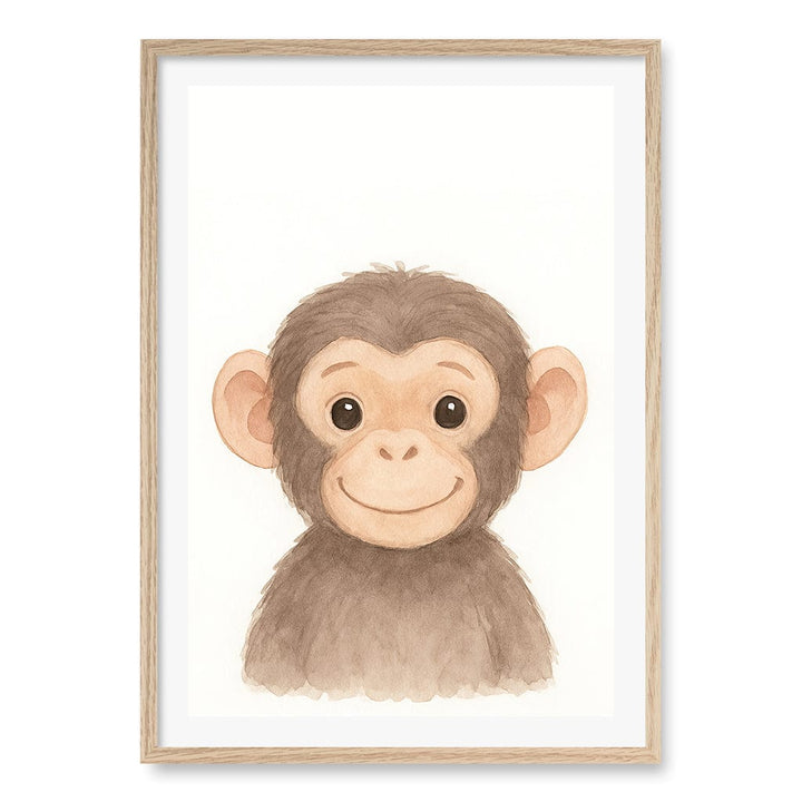 Animal Friends Chimpanzee Kids Wall Art Print A1 (59.4 x 84.1cm) / Natural Oak Frame / White Border from our Australian Made Framed Wall Art, Prints & Posters collection by Profile Products (Australia) Pty Ltd