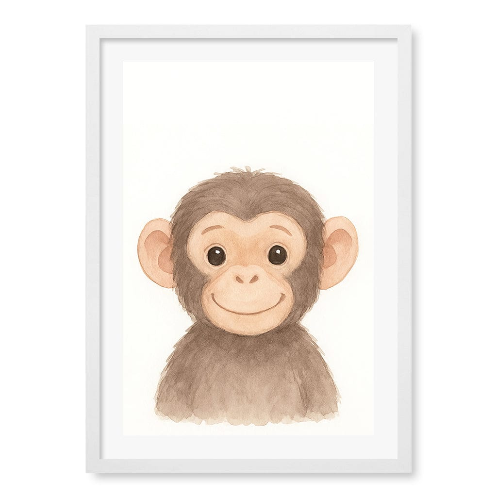Animal Friends Chimpanzee Kids Wall Art Print A2 (42 x 59.4cm) / Matte White Frame / White Border from our Australian Made Framed Wall Art, Prints & Posters collection by Profile Products (Australia) Pty Ltd