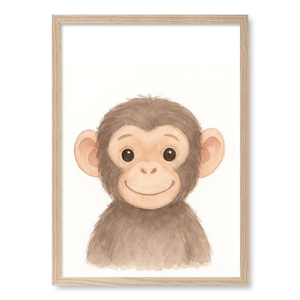 Animal Friends Chimpanzee Kids Wall Art Print A2 (42 x 59.4cm) / Natural Oak Frame / No Border from our Australian Made Framed Wall Art, Prints & Posters collection by Profile Products (Australia) Pty Ltd