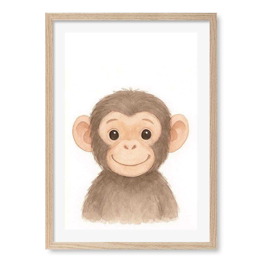 Animal Friends Chimpanzee Kids Wall Art Print A2 (42 x 59.4cm) / Natural Oak Frame / White Border from our Australian Made Framed Wall Art, Prints & Posters collection by Profile Products (Australia) Pty Ltd