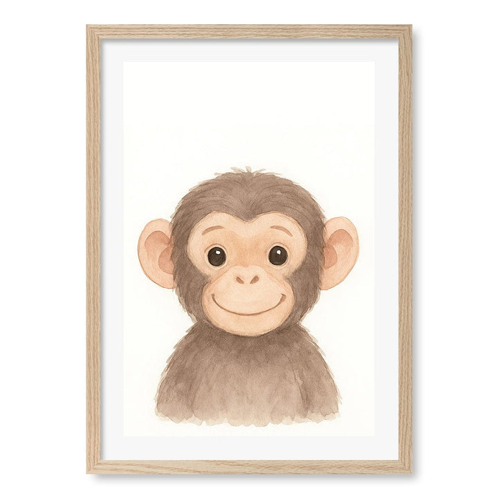 Animal Friends Chimpanzee Kids Wall Art Print A2 (42 x 59.4cm) / Natural Oak Frame / White Border from our Australian Made Framed Wall Art, Prints & Posters collection by Profile Products (Australia) Pty Ltd