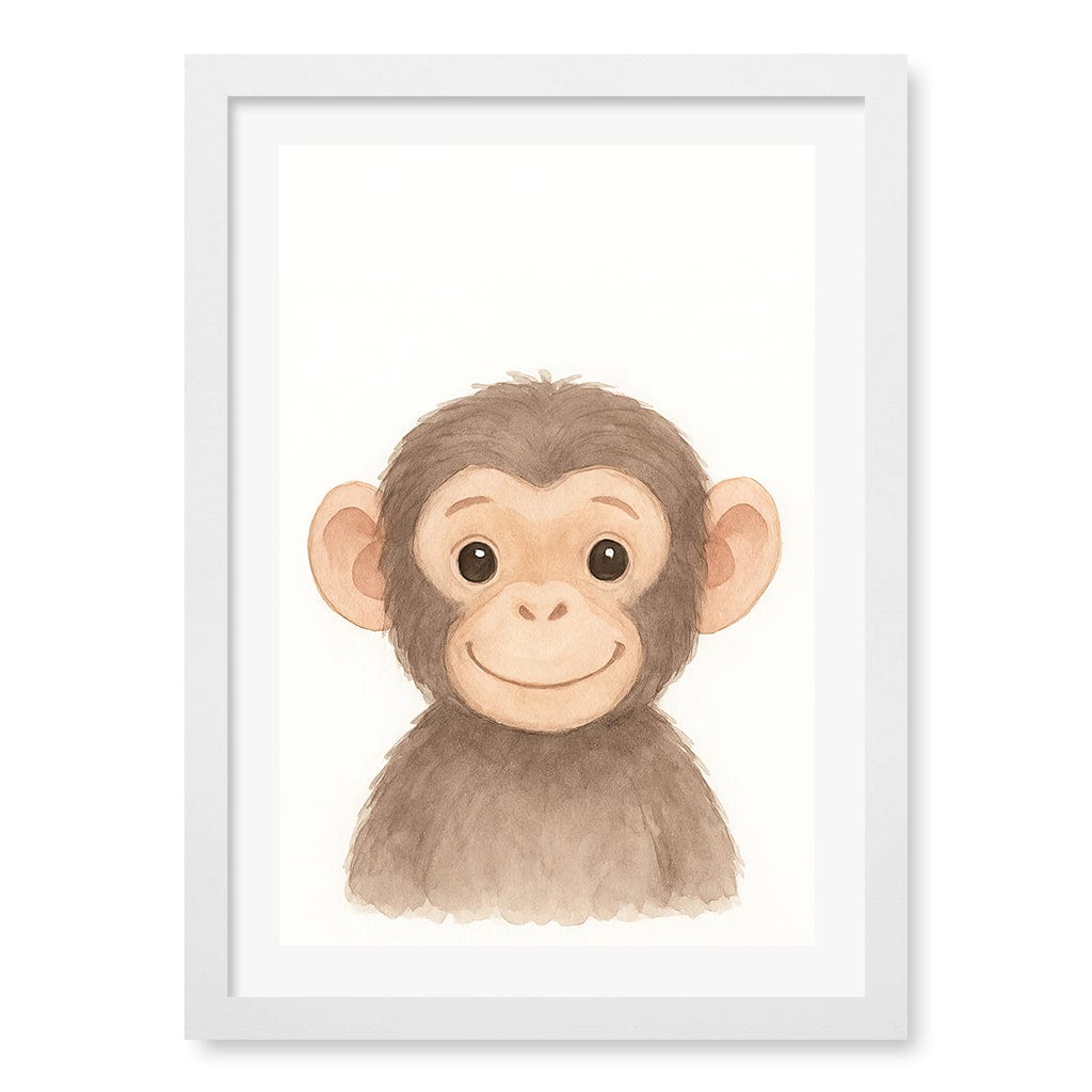 Animal Friends Chimpanzee Kids Wall Art Print A3 (29.7 x 42cm) / Matte White Frame / White Border from our Australian Made Framed Wall Art, Prints & Posters collection by Profile Products (Australia) Pty Ltd