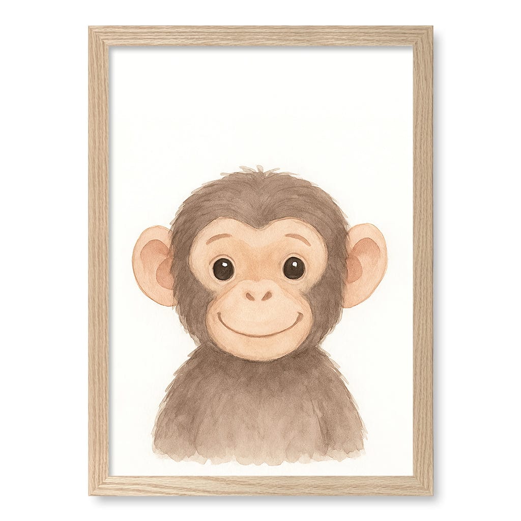 Animal Friends Chimpanzee Kids Wall Art Print A3 (29.7 x 42cm) / Natural Oak Frame / No Border from our Australian Made Framed Wall Art, Prints & Posters collection by Profile Products (Australia) Pty Ltd