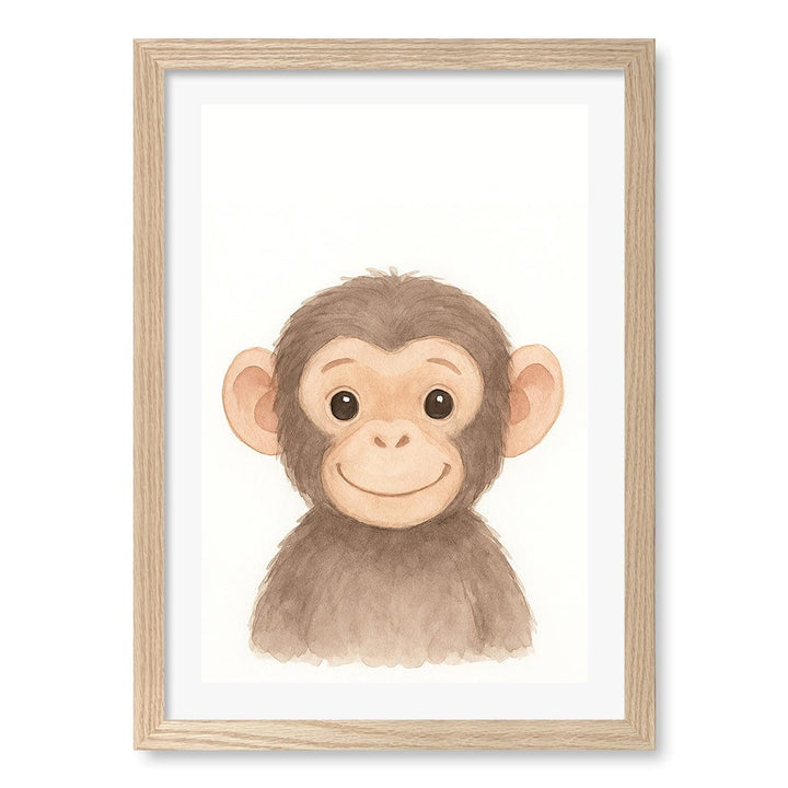 Animal Friends Chimpanzee Kids Wall Art Print A3 (29.7 x 42cm) / Natural Oak Frame / White Border from our Australian Made Framed Wall Art, Prints & Posters collection by Profile Products (Australia) Pty Ltd