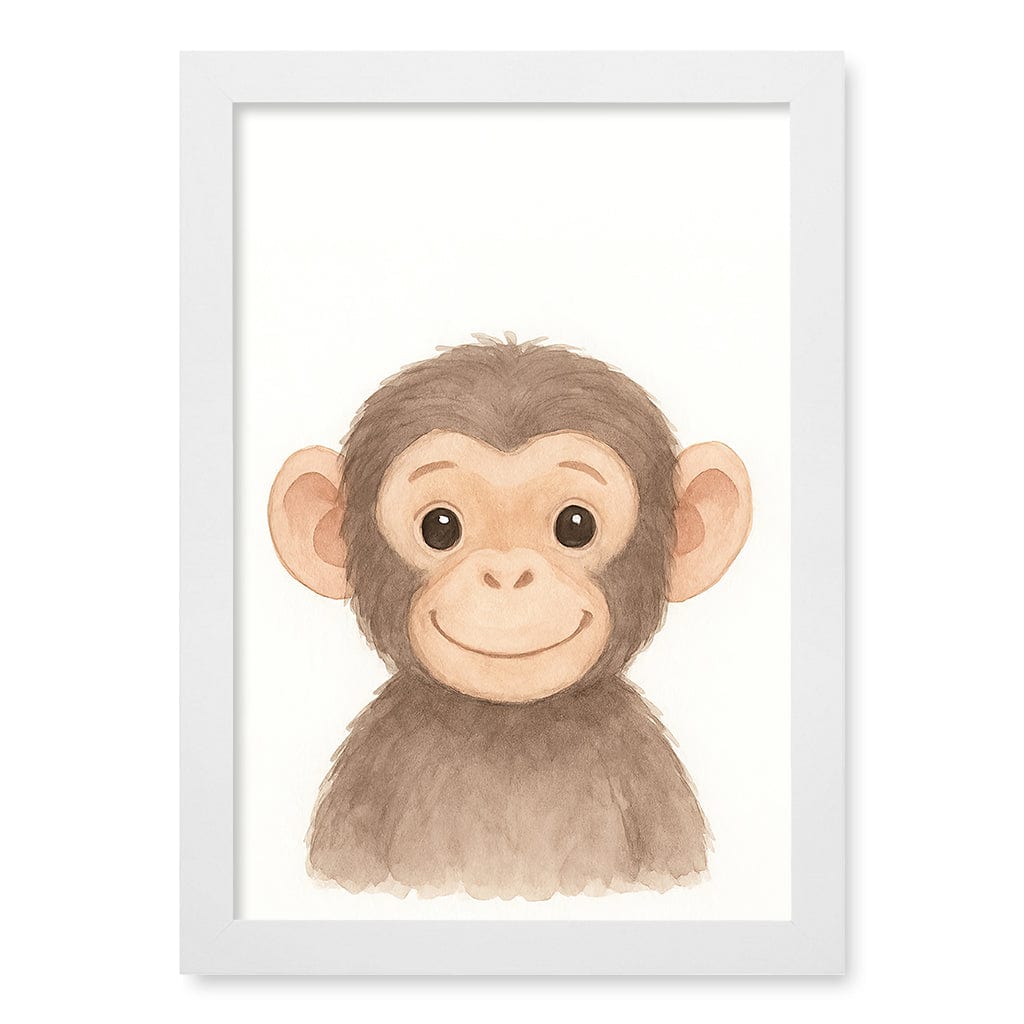 Animal Friends Chimpanzee Kids Wall Art Print A4 (21 x 29.7cm) / Matte White Frame / No Border from our Australian Made Framed Wall Art, Prints & Posters collection by Profile Products (Australia) Pty Ltd