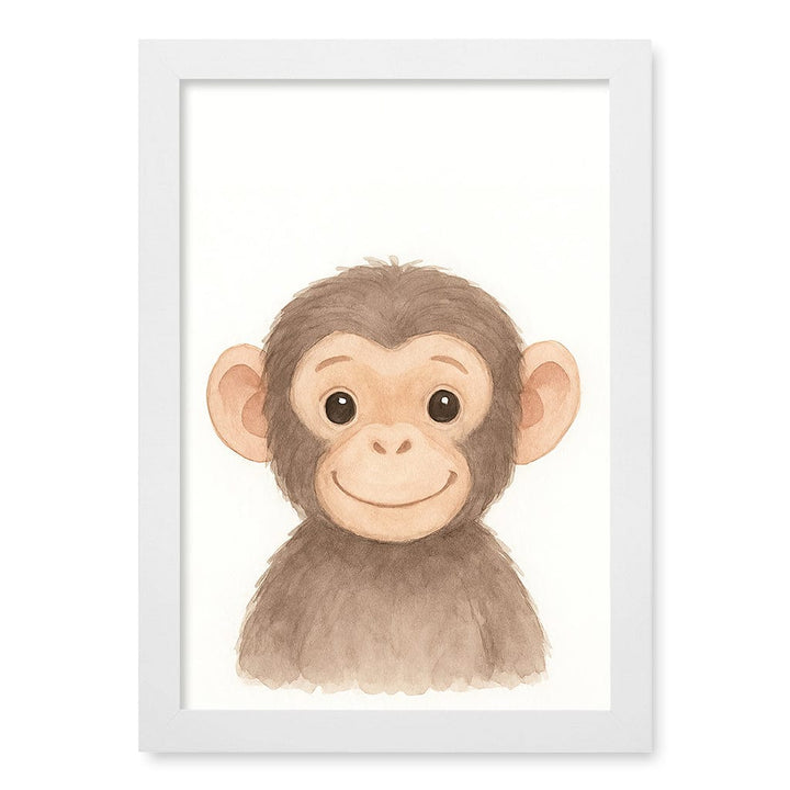 Animal Friends Chimpanzee Kids Wall Art Print A4 (21 x 29.7cm) / Matte White Frame / No Border from our Australian Made Framed Wall Art, Prints & Posters collection by Profile Products (Australia) Pty Ltd
