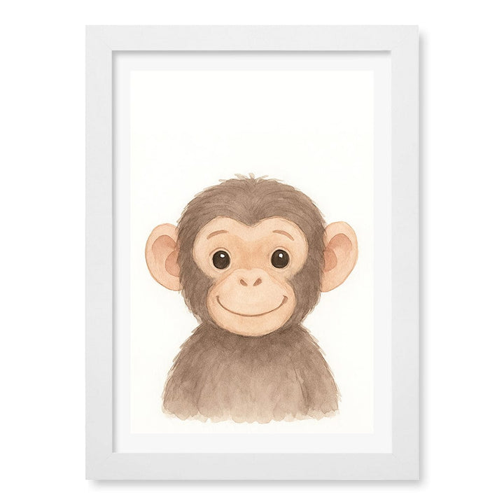 Animal Friends Chimpanzee Kids Wall Art Print A4 (21 x 29.7cm) / Matte White Frame / White Border from our Australian Made Framed Wall Art, Prints & Posters collection by Profile Products (Australia) Pty Ltd