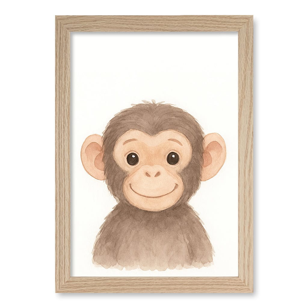 Animal Friends Chimpanzee Kids Wall Art Print A4 (21 x 29.7cm) / Natural Oak Frame / No Border from our Australian Made Framed Wall Art, Prints & Posters collection by Profile Products (Australia) Pty Ltd