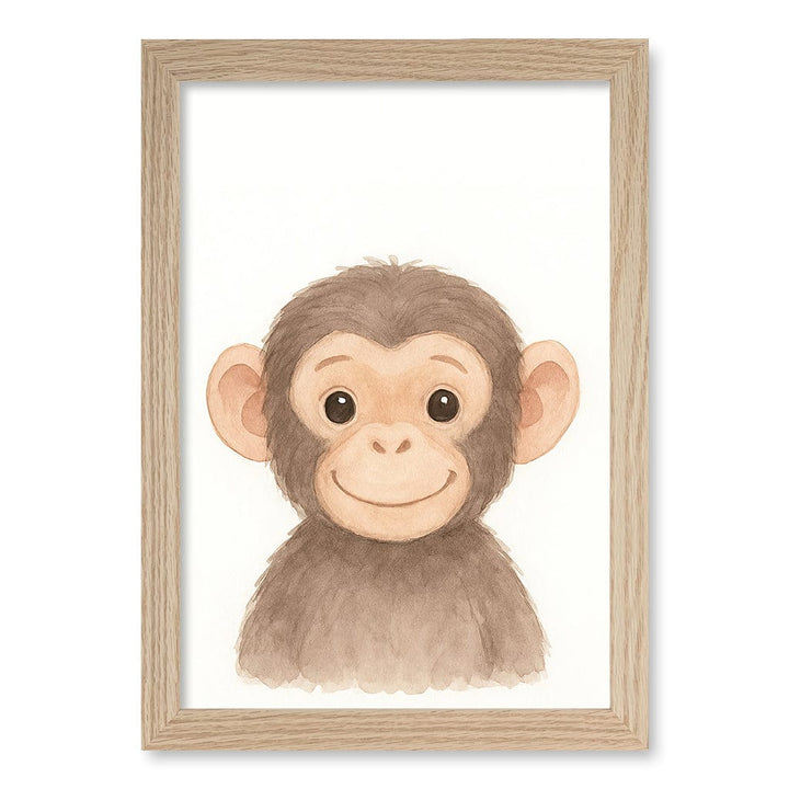 Animal Friends Chimpanzee Kids Wall Art Print A4 (21 x 29.7cm) / Natural Oak Frame / No Border from our Australian Made Framed Wall Art, Prints & Posters collection by Profile Products (Australia) Pty Ltd