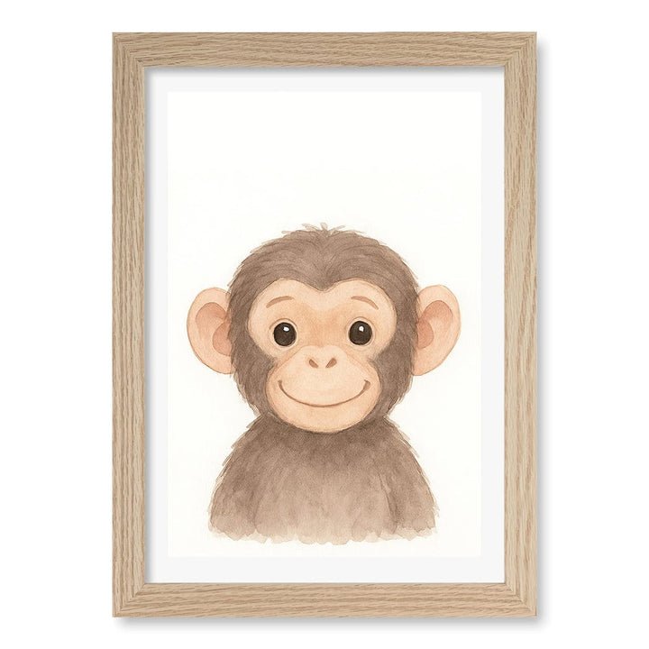 Animal Friends Chimpanzee Kids Wall Art Print A4 (21 x 29.7cm) / Natural Oak Frame / White Border from our Australian Made Framed Wall Art, Prints & Posters collection by Profile Products (Australia) Pty Ltd