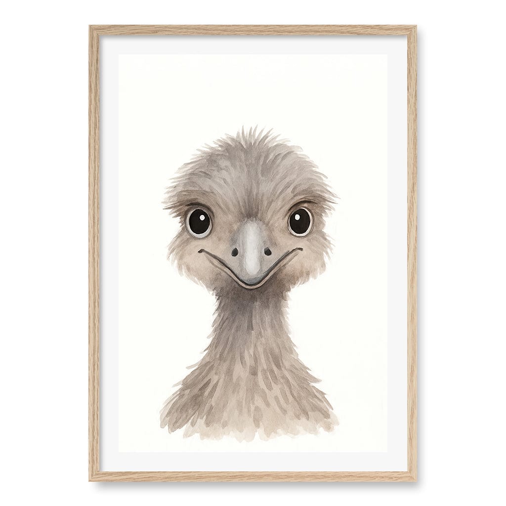 Animal Friends Emu Children's Wall Art Print A1 (59.4 x 84.1cm) / Natural Oak Frame / White Border from our Australian Made Framed Wall Art, Prints & Posters collection by Profile Products (Australia) Pty Ltd