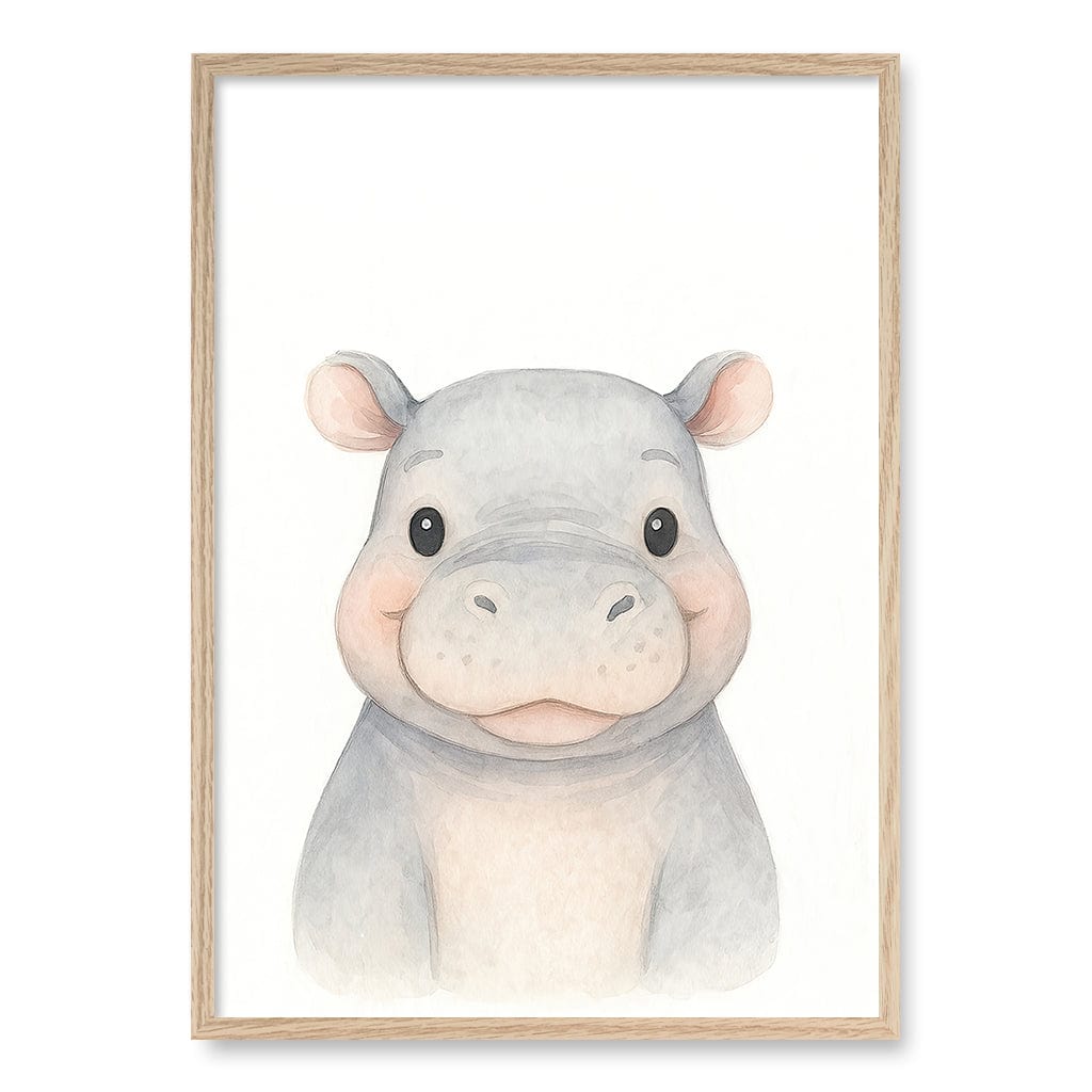 Animal Friends Hippo Children's Wall Art Print A1 (59.4 x 84.1cm) / Natural Oak Frame / No Border from our Australian Made Framed Wall Art, Prints & Posters collection by Profile Products (Australia) Pty Ltd
