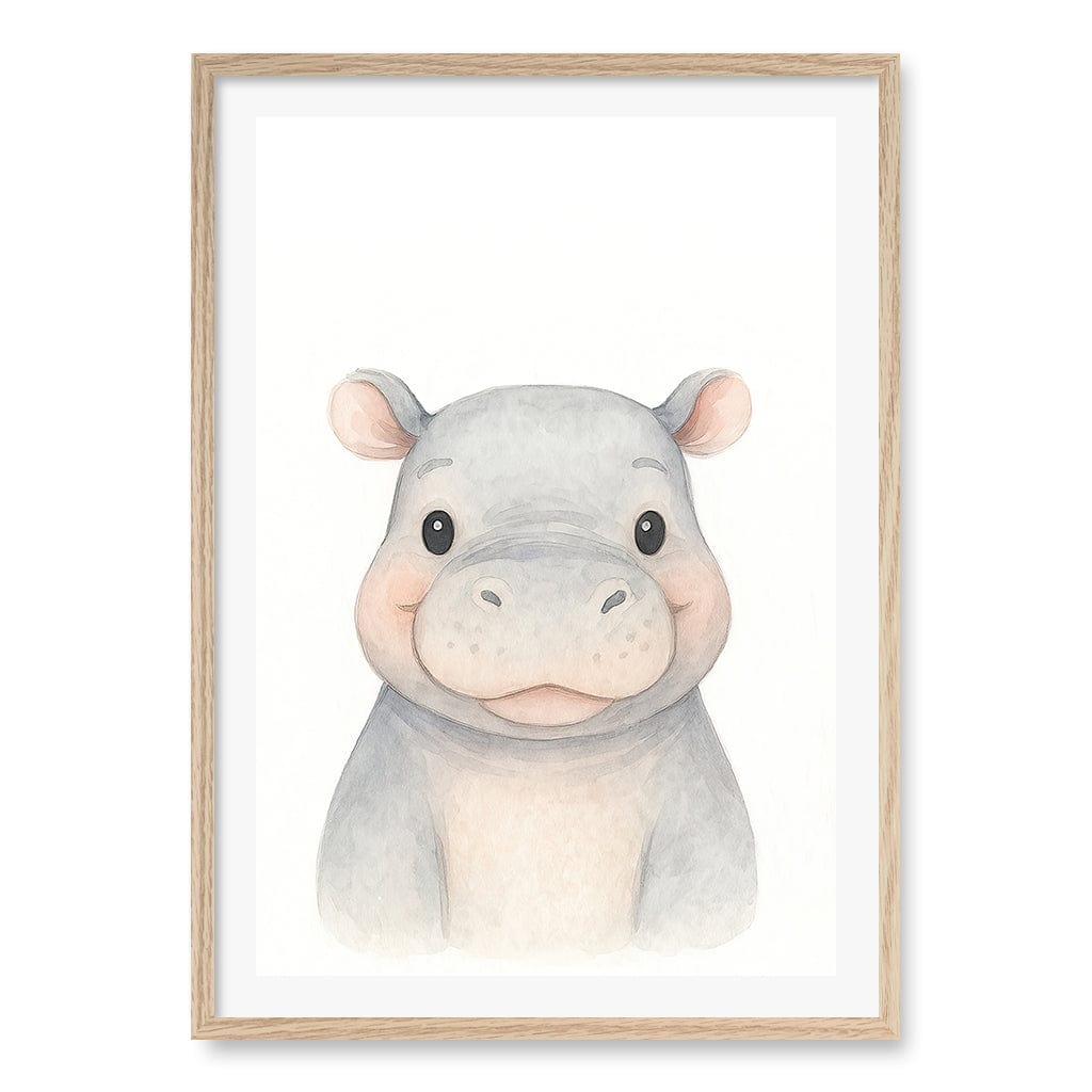 Animal Friends Hippo Children's Wall Art Print A1 (59.4 x 84.1cm) / Natural Oak Frame / White Border from our Australian Made Framed Wall Art, Prints & Posters collection by Profile Products (Australia) Pty Ltd