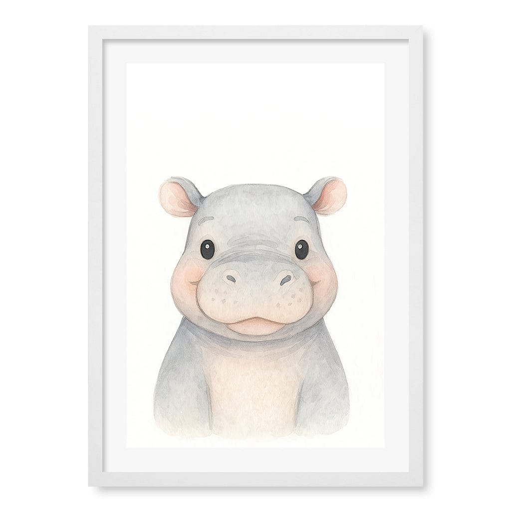 Animal Friends Hippo Children's Wall Art Print A2 (42 x 59.4cm) / Matte White Frame / White Border from our Australian Made Framed Wall Art, Prints & Posters collection by Profile Products (Australia) Pty Ltd