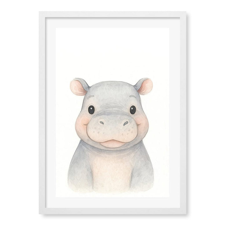 Animal Friends Hippo Children's Wall Art Print A2 (42 x 59.4cm) / Matte White Frame / White Border from our Australian Made Framed Wall Art, Prints & Posters collection by Profile Products (Australia) Pty Ltd