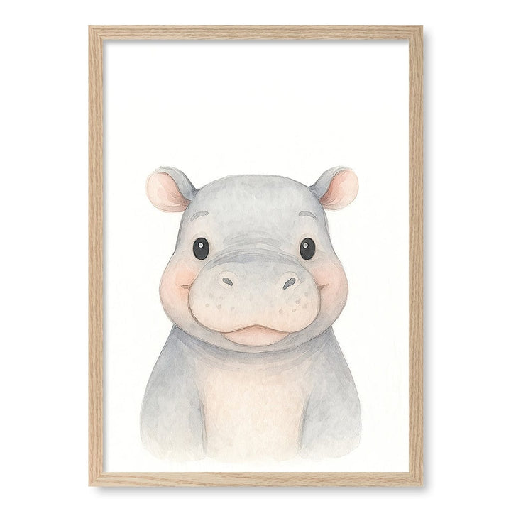 Animal Friends Hippo Children's Wall Art Print A2 (42 x 59.4cm) / Natural Oak Frame / No Border from our Australian Made Framed Wall Art, Prints & Posters collection by Profile Products (Australia) Pty Ltd