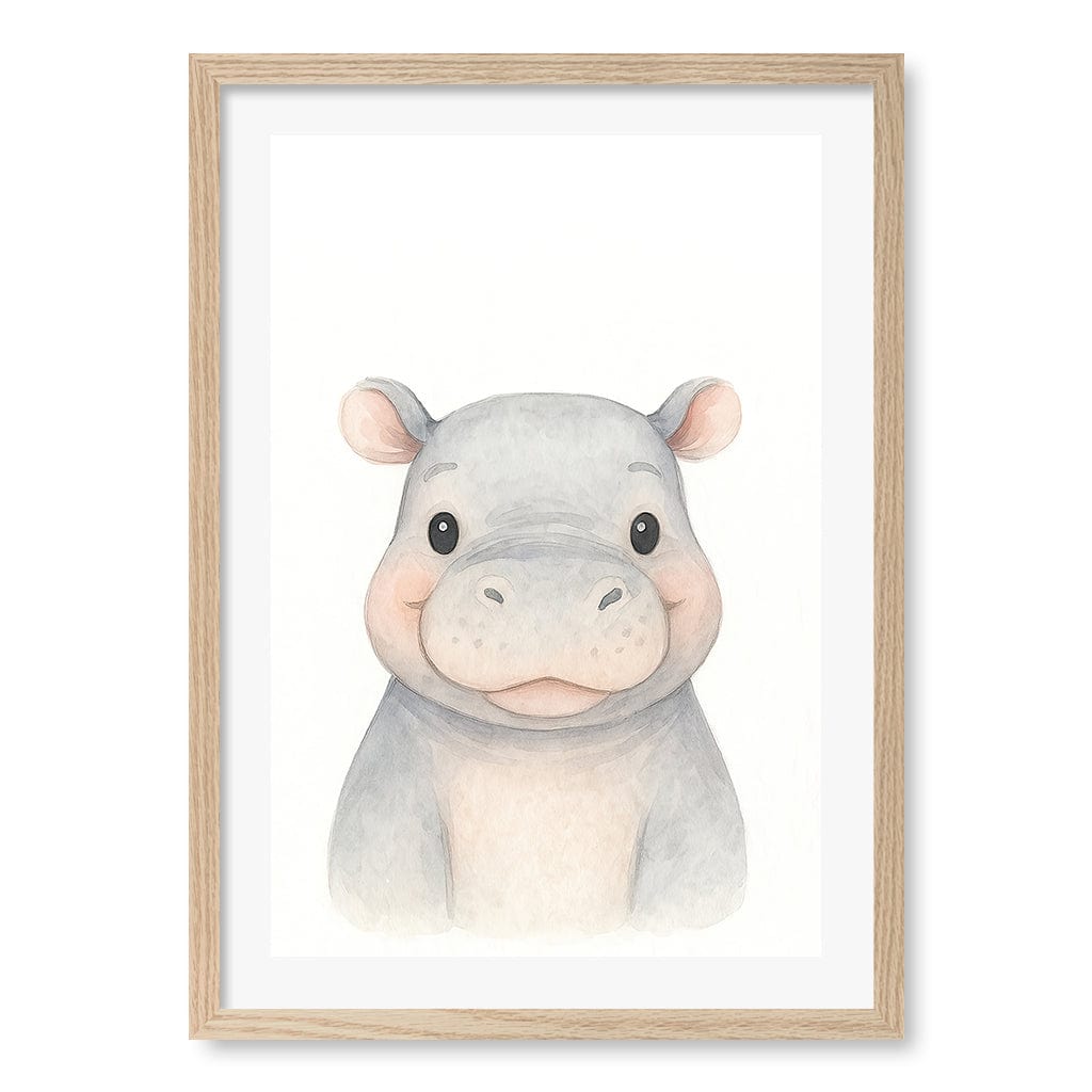 Animal Friends Hippo Children's Wall Art Print A2 (42 x 59.4cm) / Natural Oak Frame / White Border from our Australian Made Framed Wall Art, Prints & Posters collection by Profile Products (Australia) Pty Ltd