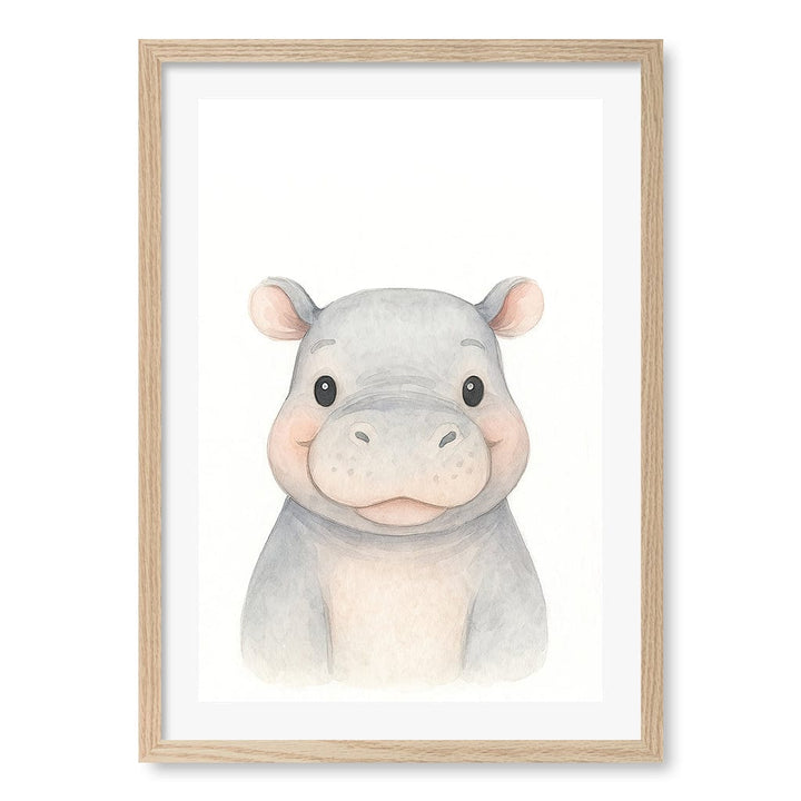 Animal Friends Hippo Children's Wall Art Print A2 (42 x 59.4cm) / Natural Oak Frame / White Border from our Australian Made Framed Wall Art, Prints & Posters collection by Profile Products (Australia) Pty Ltd