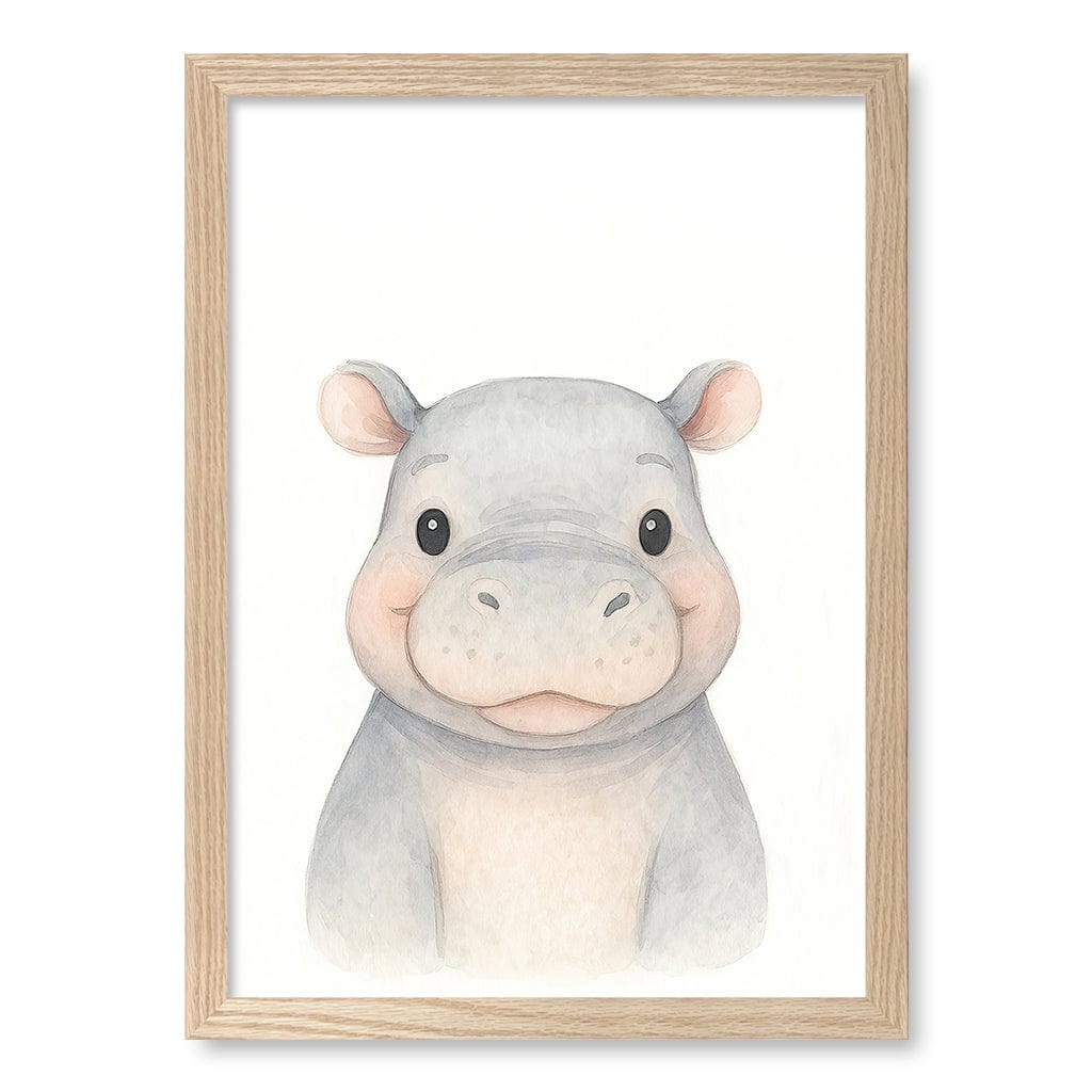 Animal Friends Hippo Children's Wall Art Print A3 (29.7 x 42cm) / Natural Oak Frame / No Border from our Australian Made Framed Wall Art, Prints & Posters collection by Profile Products (Australia) Pty Ltd