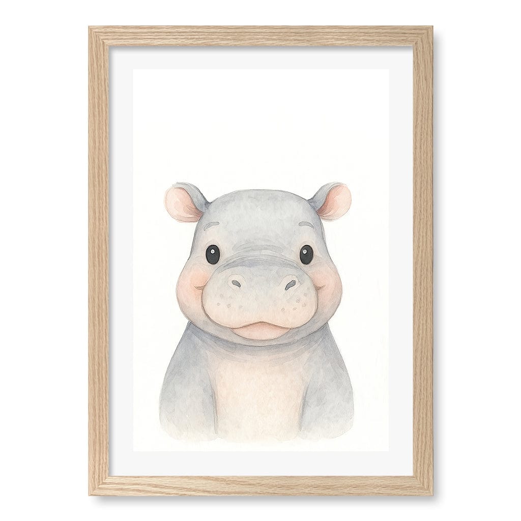 Animal Friends Hippo Children's Wall Art Print A3 (29.7 x 42cm) / Natural Oak Frame / White Border from our Australian Made Framed Wall Art, Prints & Posters collection by Profile Products (Australia) Pty Ltd