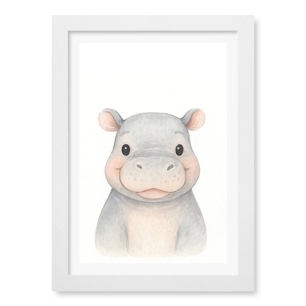 Animal Friends Hippo Children's Wall Art Print A4 (21 x 29.7cm) / Matte White Frame / White Border from our Australian Made Framed Wall Art, Prints & Posters collection by Profile Products (Australia) Pty Ltd