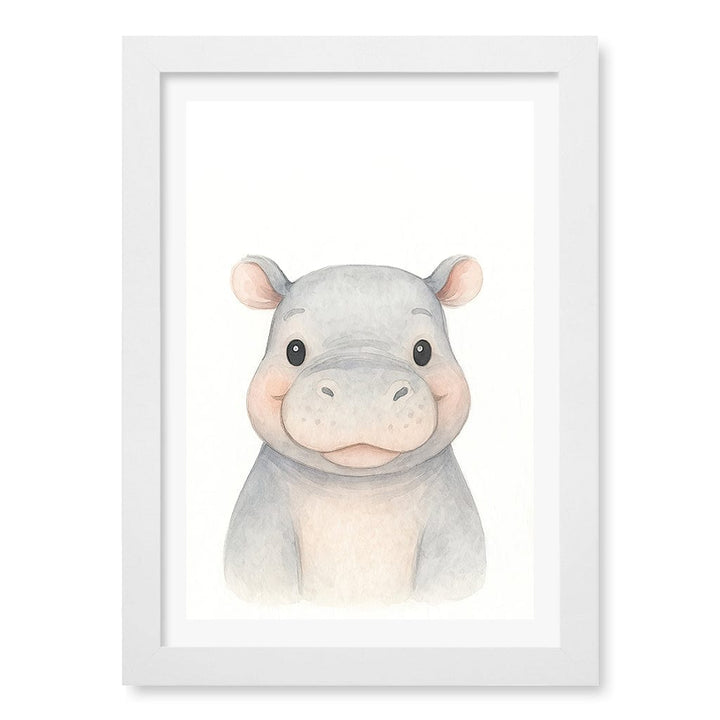 Animal Friends Hippo Children's Wall Art Print A4 (21 x 29.7cm) / Matte White Frame / White Border from our Australian Made Framed Wall Art, Prints & Posters collection by Profile Products (Australia) Pty Ltd