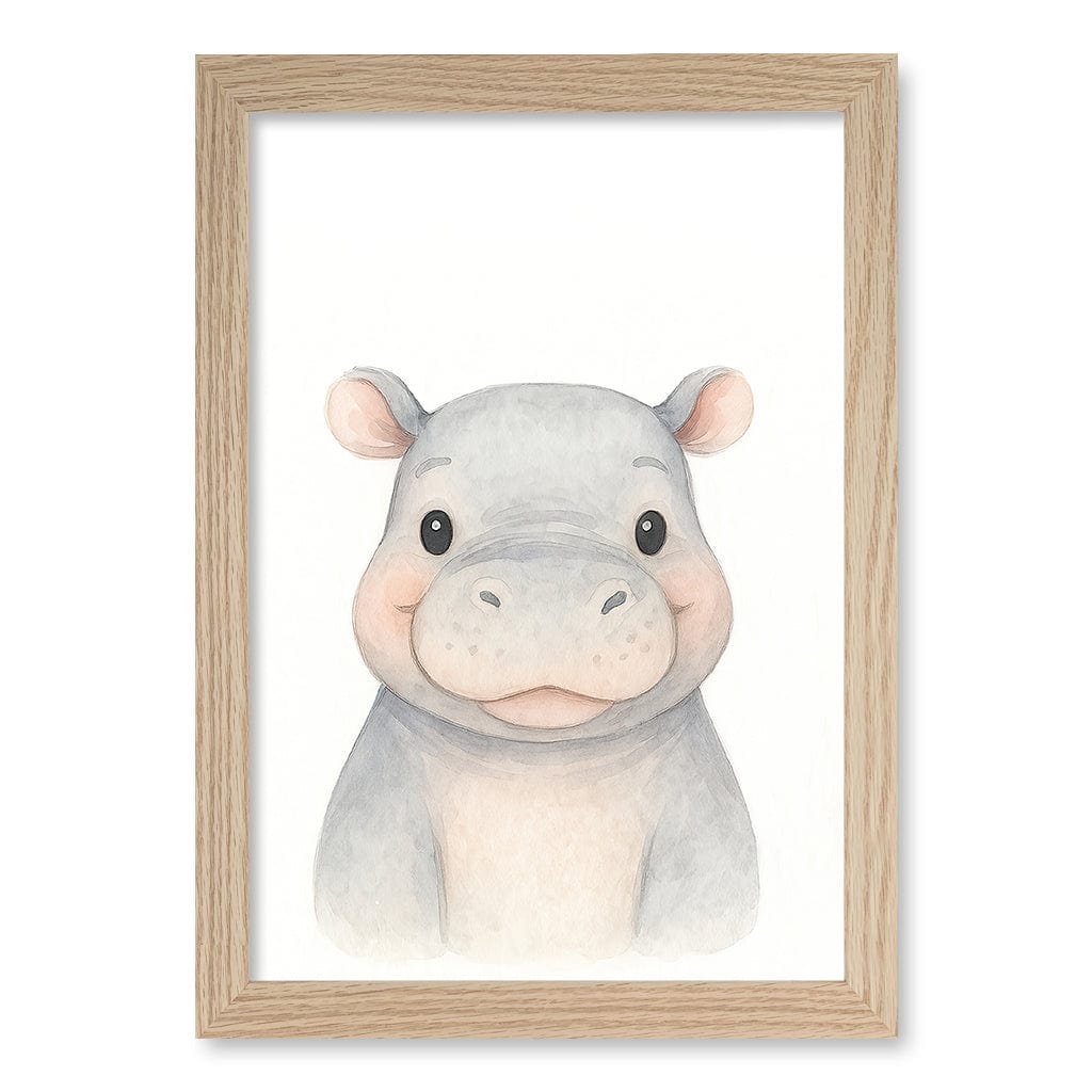 Animal Friends Hippo Children's Wall Art Print A4 (21 x 29.7cm) / Natural Oak Frame / No Border from our Australian Made Framed Wall Art, Prints & Posters collection by Profile Products (Australia) Pty Ltd