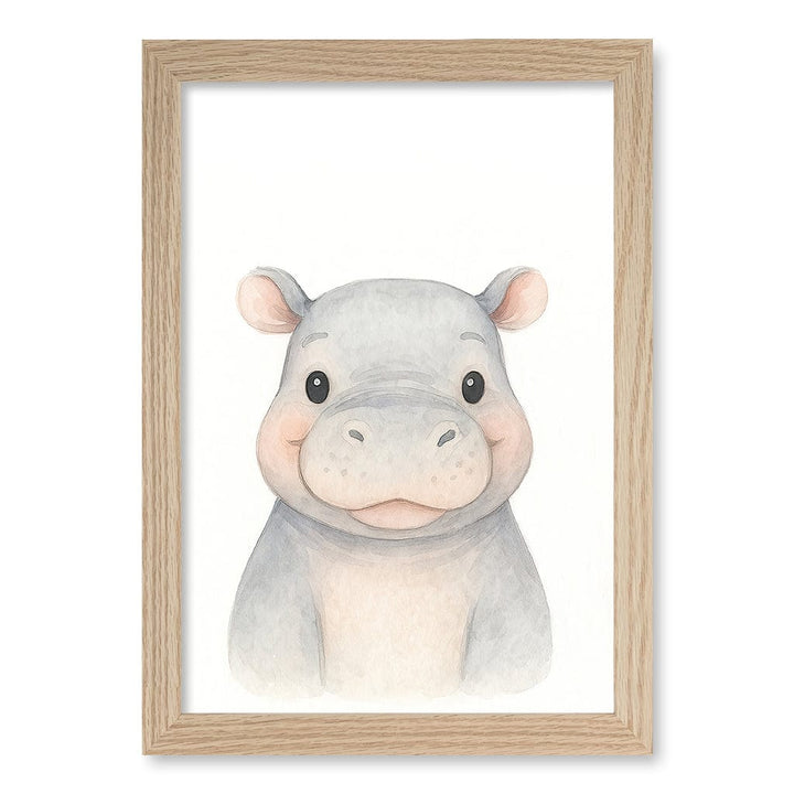 Animal Friends Hippo Children's Wall Art Print A4 (21 x 29.7cm) / Natural Oak Frame / No Border from our Australian Made Framed Wall Art, Prints & Posters collection by Profile Products (Australia) Pty Ltd
