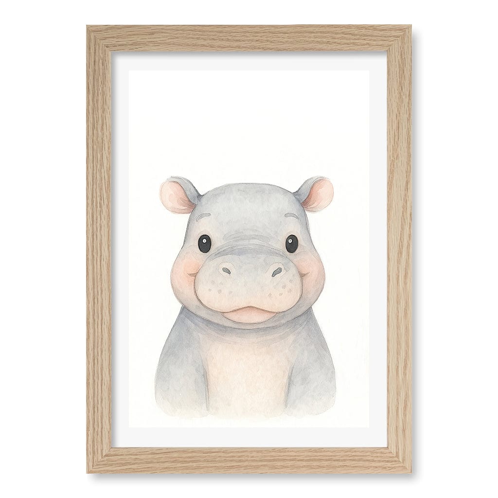 Animal Friends Hippo Children's Wall Art Print A4 (21 x 29.7cm) / Natural Oak Frame / White Border from our Australian Made Framed Wall Art, Prints & Posters collection by Profile Products (Australia) Pty Ltd