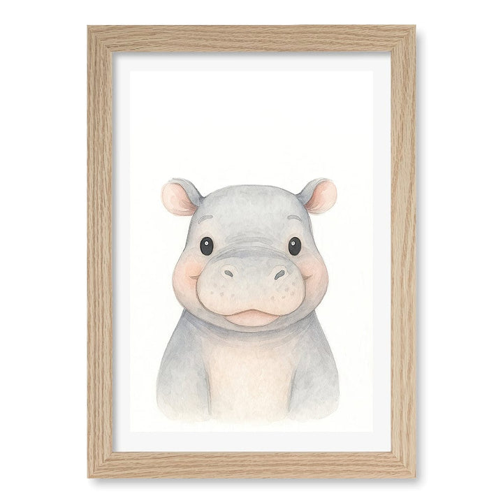 Animal Friends Hippo Children's Wall Art Print A4 (21 x 29.7cm) / Natural Oak Frame / White Border from our Australian Made Framed Wall Art, Prints & Posters collection by Profile Products (Australia) Pty Ltd